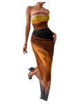 WDIRARA Women's One Shoulder Mesh Ruched Maxi Dress Tie Dye High Slit Bodycon Dresses, Mustard Yellow, Small