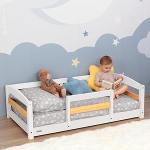 Montessori Floor Bed for Toddlers – Crib-Sized Toddler Bed with 2 Openings, Low Height Wooden Frame – Safe & Breathable Design for Baby, Infant, and Child - White