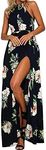 ZESICA Women's Halter Neck Floral Print Backless Split Beach Party Maxi Dress Dark Blue Small