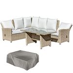 Outsunny 5 PCS Reclining PE Rattan Garden Dining Set Bonzer Patio Furniture w/Sofa Chairs Glass Table, Olefin Cushions Adjustable Feet Stylish Lounge Conversation