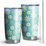 20oz Daisy Coffee Tumbler with Lid and Straw,Reusable Stainless Steel Tumbler Cups Vacuum Insulated Travel Tumbler，mint Thermos Travel Coffee Mug，Daisy Gifts for Women,Mom,Friends