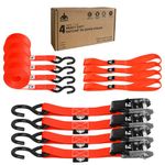 Jack Boss Ratchet Tie Down Straps Set, 1500 lbs Break Strength, 1" x 15' Heavy Duty Ratchet Straps with 4X Soft Loops Padded Handles Coated S Hook, Fits for Moving Appliances Motorcycle, Orange-Red