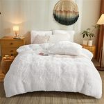 Furry White Faux Fur Shaggy Comforter Cover Set,Ultra Soft Faux Fur Duvet Cover Bedding Sets Queen 3 Pieces with Pillow Cases, White Bed Set Zipper Closure (White, Queen)