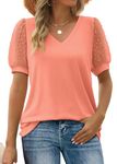 Aokosor Tops for Women V Neck T Shirts Ladies Swiss Dot Puff Sleeve Summer Tee Coral Size 22-24