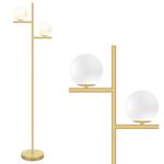 Mid Century Floor Lamp - 2 Globe Modern Standing Lamp with Foot Pedal, Frosted Glass Stand Up Lights for Living Room, Bedroom, Office, Contemporary LED Antique Brass|Gold Tall Pole Light Indoor