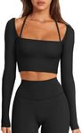 LASLULU Long Sleeve Workout Tops for Women Sexy Square Neck Crop Tops Cropped T Shirts Exercise Going Out Tops with Built in Bra(Black Medium)