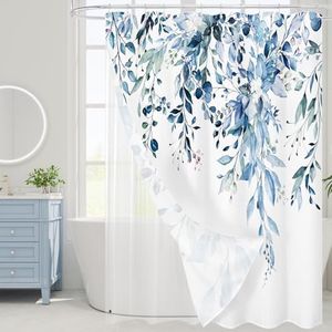 Gibelle Extra Long 3 in 1 Shower Curtain Set, Watercolor Eucalyptus Bath Curtain and PEVA Liner Set with 12 Metal Hooks, Modern Waterproof Fabric Bathroom Curtain 72x84, Blue