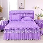 1 Piece Lace Bed Skirt +2 Pieces Pillowcases Bedding Set Princess Bedding Bedspreads Fitted Sheet Bed for Girl Bed Cover King/Queen Size,Purple-200x220cm