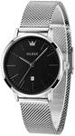 OLEVS Womens Silver Watch Black Face Thin Dress Watches for Women with Calendar Casual Simple Women's Watch for Small Wrists Mesh Bracelet Stainless Steel Ladies Watches Waterproof Reloj para Mujer