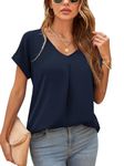 Yommay Blouses for Womens V Neck Ladies Tops Summer Chiffon Blouses Tops Short Sleeve Casual T Shirts,Navy Blue,2XL