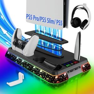 PS5/Slim/Pro Stand and Cooling Station with LED Controller Charging Station for PlayStation 5 Console,Accessories Incl.Controller Charger,PS5 Cooling Fan,Headset Holder,3 USB Hubs (Star-Black)