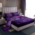 Feelyou Boys Girls Purple Damask Bedding Set King Size, Boho Death Moth Skull Bed Sheets Set Gothic Decor Sheet Set Kids Teens Bedroom Decor Soft Bed Set 4Pcs