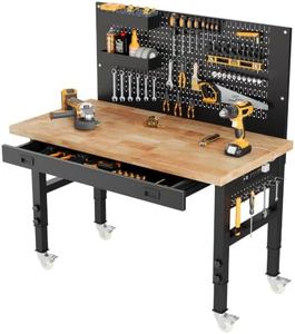 VEKMAX 48" Heavy Duty Workbench with Storage, Adjustable Height Garage Workbench 29.9"–39.6", 1.2" Solid Wood Top Work Table, Reinforced Steel Frame, Workshop Table with Power Strip & Pegboard Option