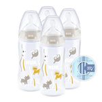 NUK First Choice+ Baby Bottles Set | 0-6 Months | Temperature Control | Anti Colic Vent | 300 ml | BPA-Free | Silicone Teat | Safari (Beige) | 4 Count