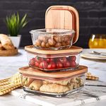 SYJBUH 370ml, 640ml, 1040ml Square Glass Food Storage Containers with Wooden Lids, Food Storage Glass Lunch Box with Air Tight Wooden Lids, Mixing Bowls Meal Lunch Box Leakproof Seal | Set of 3 Pcs