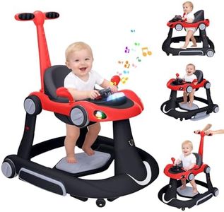 Baby Walker, 4-in-1 Baby Walker with Wheels Portable, Foldable Infant Toddler Walker for Boys Girls 6-18 Month,Removable Footrest,Car Steering Wheel & Music, Adjustable Push Walker Pink, Red