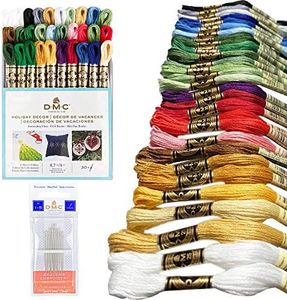 DMC Embroidery Floss Pack,Colorful Holiday Collection,DMC Embroidery Thread, Kit Include 30 Cotton Assorted Color Bundle with DMC Cross Stitch Hand Needles Size 1-5. Premium Embroidery String/Yarn.
