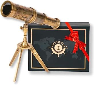 Antiqula Vintage Brass Decor Telescope on Tripod, Antique Pirate Spyglass with Gift Box, Monocular Nautical Handheld Telescope Ideal for Home Decor, Gifting, Traveling, Kids, Bookshelf & Office Desk