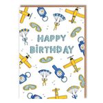 Skydiving Theme Birthday Card - Cute Illustrations of Sky Diving Essentials 'Happy Birthday' - Cute Birthday For Her For Him