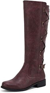 Syktkmx Womens Strappy Motorcycle Knee High Boots Winter Lace Up Riding Flat Low Heel Shoes, Burgundy, Size 9