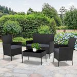 EVRE Black Rattan Garden Furniture Nero Set Patio Conservatory Indoor Outdoor 4 Seater Piece Glass Top Coffee Table Modular Sofa Loveseat with Cushions