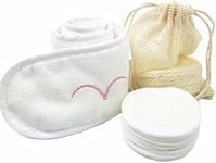 Bamboo Natural Makeup Remover Pads - Reusable Washable Face Wipe Rounds 10Pc with Cosmetic Spa Headband Free Laundry Bag