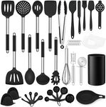 LIANYU 43 Pcs Kitchen Cooking Utensils Set, Silicone Cooking Utensils Spatula Set with Holder, Heat Resistant Kitchen Gadgets Tools for Nonstick Cookware Set, Stainless Steel Handle, Black