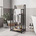 BORPHOM Freestanding Towel Rack Stand Towel Rail with Shelf,Anti-rust Coating 3-Tier Metal Ladder Towel Holder for Bathroom Accessories Organizer for Bath Towels,Bath Storage,Black