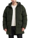 Rejork Men's Long Winter Coat Hooded Warm Quilted Jacket Water-resistant Cold Weather Parka, Army Green, Large