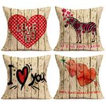 Aremetop Vintage Valentine Wood Pillow Covers Sweet Heart Home Decor Pillowcases Cotton Linen Warm Love Quote Decorative Throw Pillow Case Cushion Cover 18’’x18’’ for Sofa Valentines Day,Set of 4