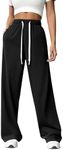 PINSPARK Women's Sweatpants Wide Leg Lounge Pants Elastic High Waist Sweatpant Athletic Sweat Pants with Pocket and Drawstring Black XS