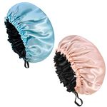 BOWINR 2 Pcs Silk Bonnet Sleep Cap, Adjustable Silk Bonnet Sleep Cap Waterproof Satin Hair Cap Night Cap Double Layer Satin Bonnet for Women Girls Black Curly Hair