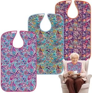 Pedobi Adult Bibs - 3 Pcs Washable Clothing Protector with Crumb Catcher, Adult Bibs for Elderly Women Eating Washable