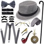 11PCS Gatsby Costume Accessories Set,Roaring Retro Gangster Costume Vintage 1920s Men Costume Accessories Hat, Glasses, Tie Clip, Tie, Bow, Sleeve, Beard, Pipe, Pocket watch, Cane, Suspender