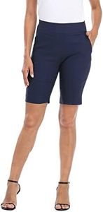 HDE Pull On Bermuda Shorts for Women Mid Rise 10" Inseam Shorts with Pockets, Navy, Medium