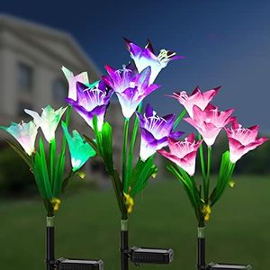 SOLARBABY Solar Garden Lights,Outdoor Solar Lights with 12 Larger Lily Solar Flowers, Multi Color Changing LED Landscape Garden Lights for Garden Path Decoration, 3-Pack
