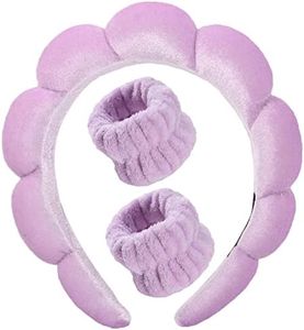 Luckybear Spa Headband for Washing Face, Velvet Makeup Headband, Bubble Skincare Headbands with Face Wash Wristbands, Sponge Puffy Headband for Women Skin Care -Purple