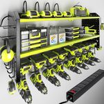 KAFAHOM Power Tool Organizer with Charging Station, Built in 8 Outlet Power Strip,Large 8 Drill Holder Wall Mount, Heavy Duty Metal Power Tool Storage Rack Tool Shelf for Garage Organization