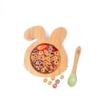 Kids Station Rabbit Wooden Feeding Bowl with Spoon for Babies – Green | Eco-Friendly Self-Feeding Baby Tableware Set (2 pcs, Green)