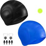 Latest Designed Long Hair Silicone Swim Cap, Keeps Hair Clean with Ear Protector,Waterproof Silicone Swimming Cap for Adult Woman and Men Set of 2 in Blue and Black