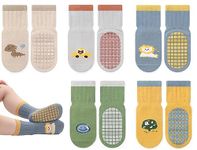 Exemaba Baby Anti Slip Socks 5 Pairs Toddler Cute Animal Crew Slipper Socks for Boys Girls(Beige Dinosaur,M/1-3Y)