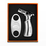 CIGARLOONG Cigar Cutter and Lighter Set 2 Piece Stainless Steel Blade Guillotine and Four Jet Flame Refillable Lighter(Silver)