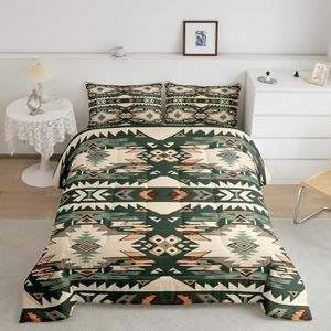 Feelyou Green Southwestern Bedding Set Twin Size Geometric Comforter Set Tribal Native American Indian Design Vinatge Vinatge Comforter Decor Exotic Style Stripe Line Duvet Set