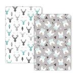 GRSSDER Stretchy Ultra Soft Jersey Knit Fitted Pack n Play Sheets, 2 Pack and Play Sheets for Baby Girls and Boys, Cute Bear and Deer