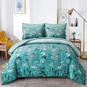 Green Botanical Comforter Set King Size 7 Pieces Teal Floral Leaves Reversible Bed in a Bag with Sheets Set for All Season, Soft Microfiber Mint Green Floral Complete Duvet Bedding Set King (104"x90")