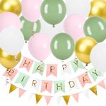 Happy Birthday Banner, Happy Birthday Decorations for Girls, 16 Pcs 12in Happy Birthday Balloons with Banner Bunting and 3 Ribbons for Men Women Girls and Boys Birthday Party Decorations(Green Pink)