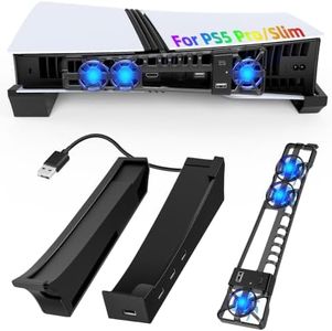 FASTSNAIL Horizontal Stand & Cooling Fan for PS5 Pro/Slim Console, Auto Fan Speed by Temperature and Controller Charger Station, Efficient Cooling System with 3 Fans & 2 USB 3.0 and 3 USB 2.0 Hub