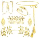 LOLIAS Greek Goddess Costume Accessories Set for Women Leaf Headband Coil Upper Arm Bracelet Gold Headpiece Dangle Earrings for Bridal Wedding Toga Party