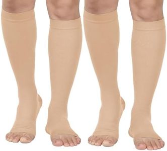 Compression Socks, 2 Pairs, Open Toe 20-30 mmHg Graduated Compression Stockings for Men Women, Knee High Compression Sleeves for DVT, Maternity, Varicose Veins, Relief Shin Splints, Beige 3XL