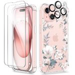 GVIEWIN Case Compatible with iPhone 15 6.1" 2023, with 2X Screen Protectors+2X Camera Lens Protectors, Non-Yellow Flower Clear TPU Slim Bumper Shockproof Anti-Scratch Protective Cover, Magnolia/White